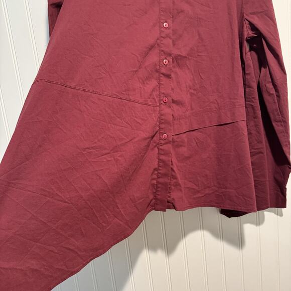 Porto Maroon Asymmetrical Button Up Shirt Lagenlook Cotton Size 10 - Picture 2 of 6